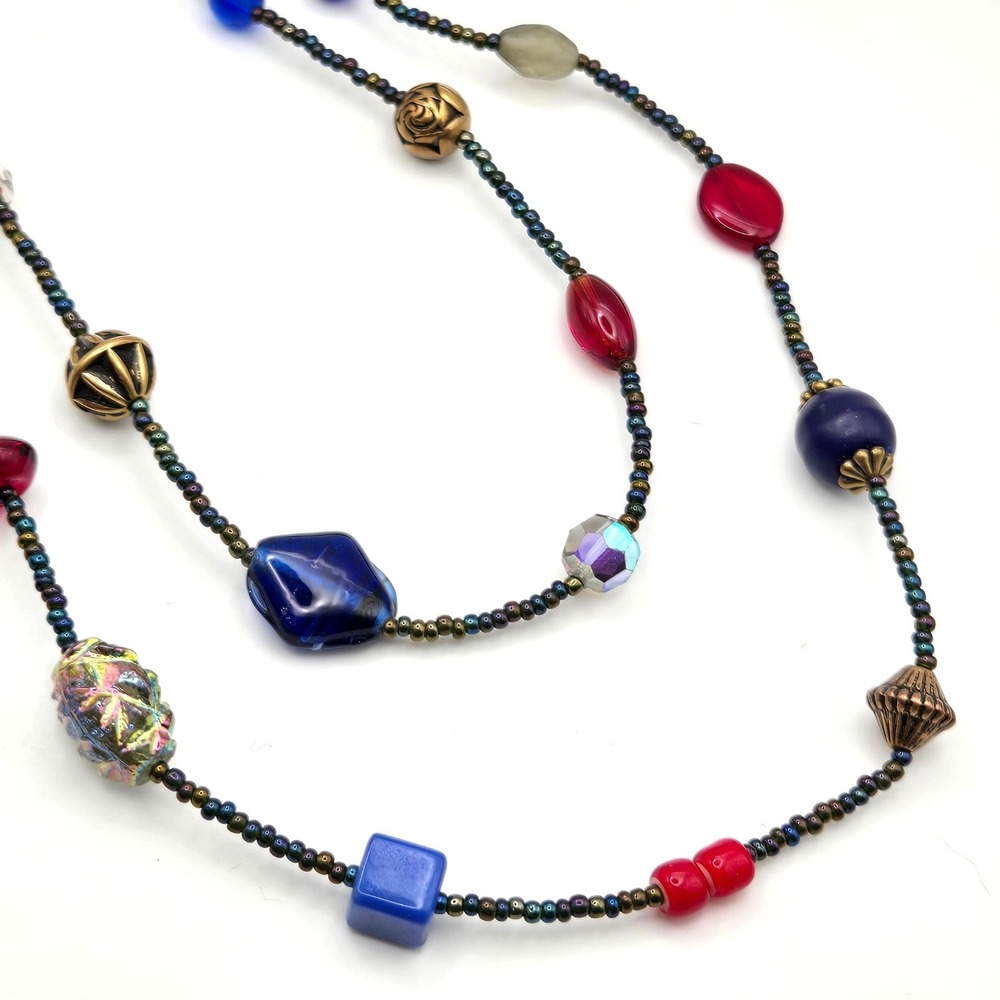 Multi Color Glass and Stone Gold Tone Beaded 44 Inch Long Strand Necklace Boho‎